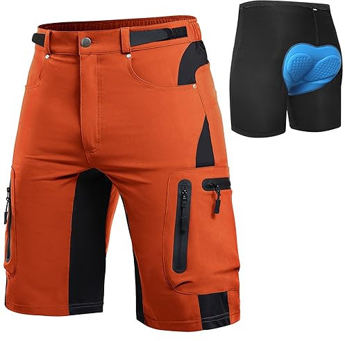 Cycorld MTB Hose Herren Radhose, Schnelltrocknend Mountainbike Hose Fahrradhose mit 4D Sitzpolster, Elastische Sport Radlerhose Shorts (Orange-rot mit Unterwäsche, M)