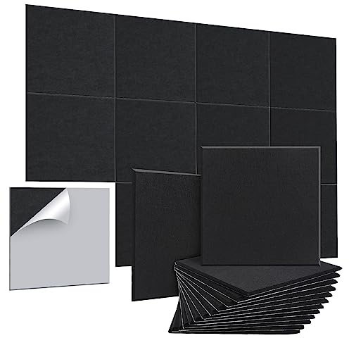 AGPTEK Lot de 12 panneaux acoustiques autocollants 30*30*0.9cm, Mousses acoustiques auto-adhésive, Traitement acoustique anti-bruit haute densité pour studio d'intérieur et bureau (Noir+autocollant)