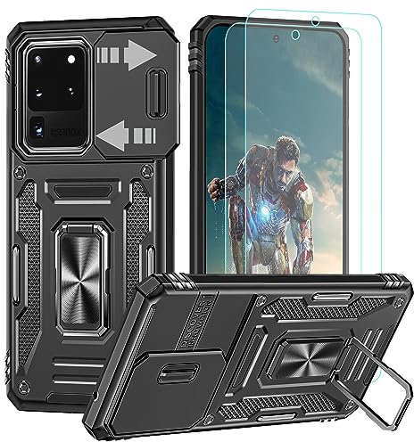 YmhxcY Hülle Für Samsung Galaxy S20 Ultra Hülle,*2 Displayschutzfolie,Slide Camera Cover, Militär Grade Schutzhülle, 360°Drehen Metallständer,Für Samsung Galaxy S20 Ultra Hülle-Schwarz