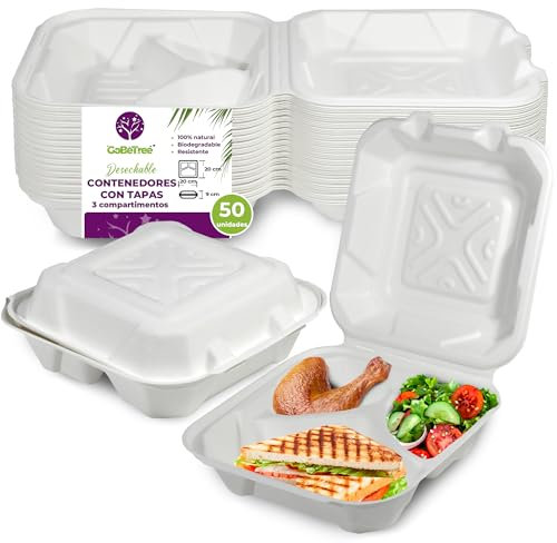 GoBeTree 50 Envases de Caña de Azúcar 20 cm con 3 compartimentos. Contenedores Biodegradables para Comida Para Llevar - Hamburguesas, Arroz, Pasta - Recipientes con Tapa