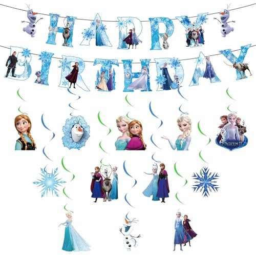 Chukua Geburtstag Deko Elsa- Eiskönigin Bunting Girlande Hängende Deko Prinzessin Geburtstag Banner Swirl Decorations Frozen Happy Birthday Banner Dekoration für Kinder Elsa Princess thema Party Deko