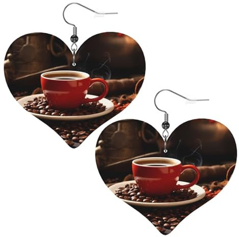 YYHHAOFA Coffee Cup and Coffee Beans picture Leather Heart earrings Pendant Stylish and beautiful Lightweight Dangle for Women Girls, White