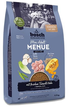 Bosch HPC MENUE Mini Adult mit Tierwohl-Huhn| Hundetrockenfutter für ausgewachsene Hunde Kleiner Rassen | 1 x 2,4 kg