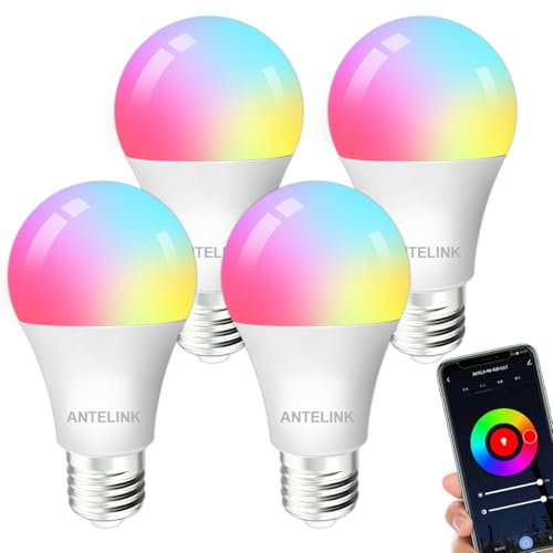 ANTELINK Lampadina Wifi Smart LED Dimmerabile RGB 9W 806lm Compatibile con Alexa Google Home, Bianco Freddo Caldo 2700K~6500K Tuya APP, 4 Pz