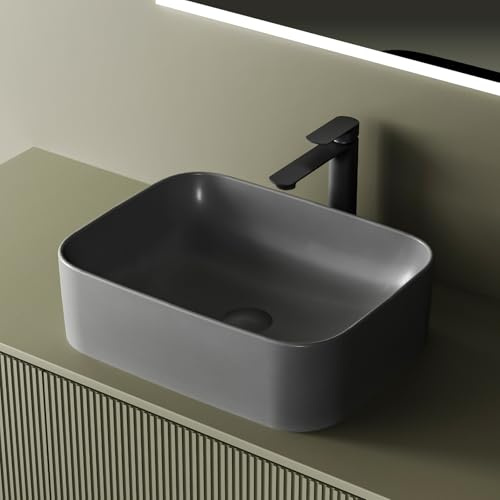 EMKE Design Waschbecken, Oval Aufsatzwaschbecken 50,5 x 38 x 15 cm, Grau Matt, Hochwertiges Keramik Waschbecken Bad, Waschschale Einfach zu Reinigen & Installieren