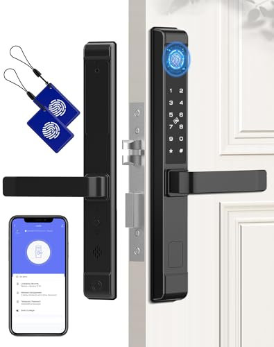 Eseesmart Smart Door Handle Lock, Fingerprint Door Lock with Keypad RFID APP Control, Waterproof Bluetooth Electronic Biometric Digital Code Slim Door Lock for Wooden Aluminum Front Door
