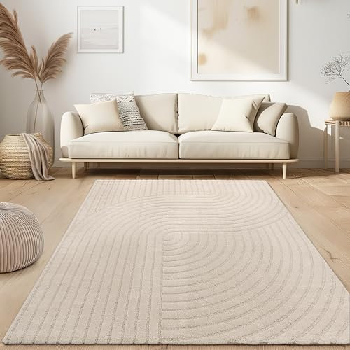 Paco Home Moderner Wohnzimmer Teppich Kurzflor Skandinavisch Japandi Stil Panglao Einfarbig Hoch-Tief-Effekt Abstraktes Muster 3D Effekt weicher Flor Creme, Grösse:80x150 cm