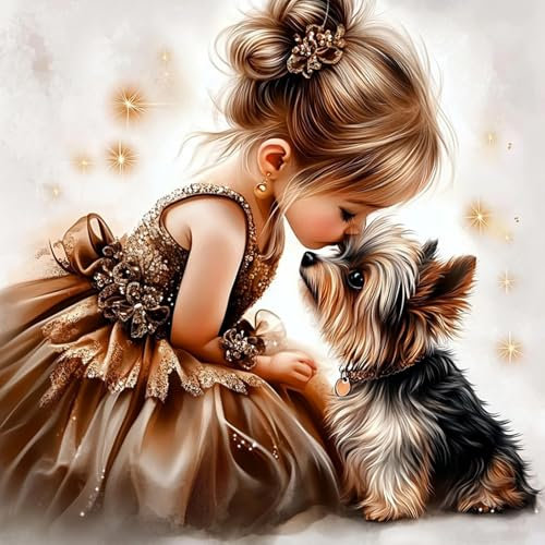 MAXBYE Diamond Painting Art Kits, Süße Prinzessin und Welpe 5D Diamond Kunst Komplett Set, DIY Gem Kunsthandwerk für Erwachsene, Runde Diamant Bilder Kristall Kreuzstich Home Wall Decor 30x30cm