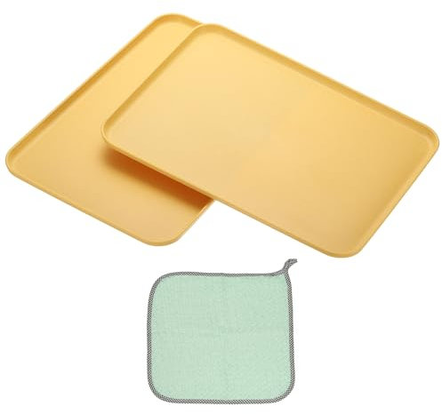 PATIKIL 15x10.6 Plastic Tray, 2 Pack Rectangular Plates Food Tray Wheat Plates Dishes Reusable Dessert Plate Trays with Cloth for Cake Fruits Salad Cupcake Steak Serving Yellow