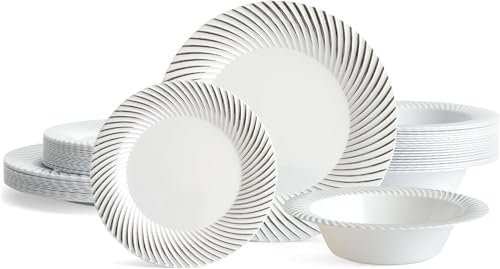 MATANA 60 Pcs White Plastic Tableware Set with Silver Border - 20 Dinner Plates, 20 Side Plates, 20 Bowls - Elegant & Reusable Dinnerware for Parties, Wedding, Birthday, Picnic