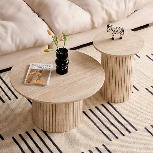 GrandCA HOME 2er-Set Runder Couchtische, Runder Sofa-Beistelltisch, MDF-Platte mit Holzlattenrost, Geeignet für Wohnzimmer und Büro (Marmor)