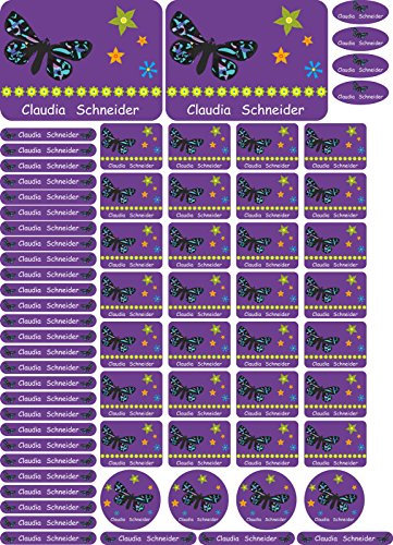 Namensaufkleber Kinder Schule Schmetterling - 69 Sticker - A4-Bogen - Namensetiketten selbstklebend - Aufkleber selbst gestalten - Kindergarten, KITA, Brotdose, Bücher, Federmappe, personalisiert