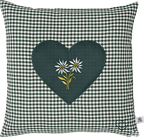 Zirbenkissen Bestickt mit Herz und Edelweiss grün karriert Größe 40x40 cm befüllt mit Zirbenflocken aus Zirbenholz in extra Inlett