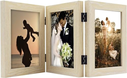 Golden State Art, Dreifach gefalteter Bilderrahmen mit 3 Öffnungen, 12,7 x 17,8 cm, Schreibtisch-Fotorahmen, Familien-Bildercollage, mit Echtglas (12,7 x 17,8 cm, 3 Stück, Beige, 1 Stück)