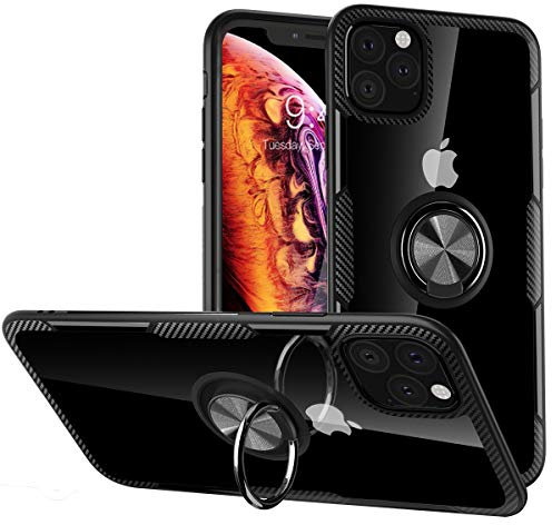 WATACHE iPhone 11 Pro Max Case, Crystal Clear Carbon Fiber Design Armor Protective Case with 360 Degree Rotation Finger Ring Grip Holder Kickstand for iPhone 11 Pro Max,Black