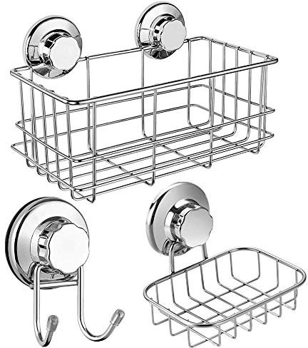SANNO Suction Cups Shower Caddy Soap Dish Suction Hooks, Stainless Steel Bathroom Basket Bathroom Accessories Storage Organizer Wall Shelf Basket for Shampoo, Soap Dish Conditioner-Set of 3
