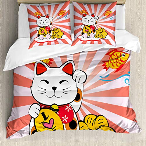 ABAKUHAUS japanisch Bettwäsche Set für Doppelbetten, Starburst Linien Katze, Weicher Microfaserstoff Allegigeignet kein Verblassen, Weiß Rot Gelb