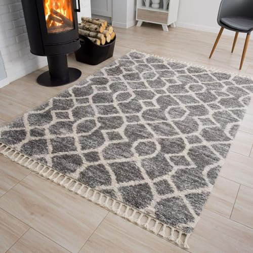 TAPISO Versay Teppich Shaggy Grau Creme Boho Fransen Hochflor Langflor Modern Geometrisch Zig Zag Streifen Wohnzimmer Schlafzimmer ÖKOTEX 200 x 300 cm