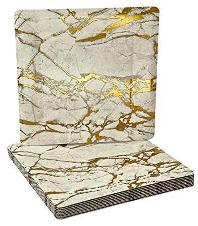 SILVER SPOONS Marble Design Disposable Charger Plates for Party - (10 PC) Heavy Duty Disposable Dinner Set 13”, Square Charger Dishes For Elegant China Look, Great for Upscale Celebrations, Gold