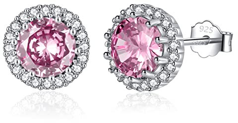 SNORSO Clous D'oreilles Argent Pour Femme Fille, Boucles d'oreilles Zircon Cubique Ronde, Boucles d'oreilles Tourmalie Pierre de Naissance Octobre, Cadeau Anniversaire Mariage pour Femme Fille