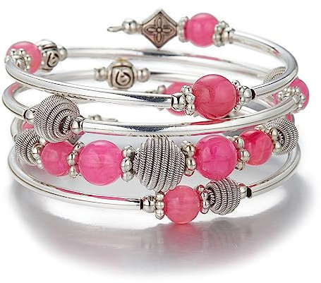 Bulinlin Silber Wickelarmband mit Naturstein Perlen Boho Mehrschichtiges Damen Armbänder Geburtstags Modegeschenk für Frauen (Hellrosa)