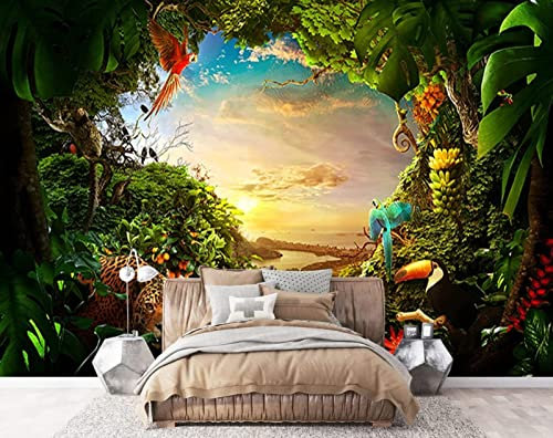 Tapete 3D Wandbild Dschungel Himmel Tiere Fototapete 3D Effekt Vliestapete Wohnzimmer Schlafzimmer Wanddeko
