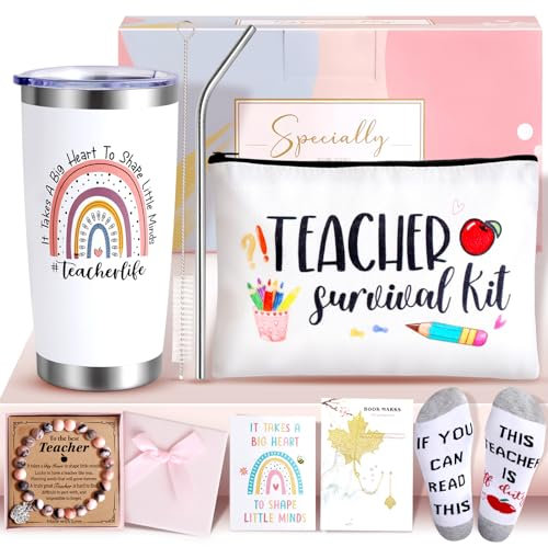 YONTINY Teacher Gifts for Women, Personalised Thank You Teacher Gifts Set Include 20oz Teachers Travel Mug, Makeup Bag, Maple Leaf Bookmarks, Keyrings, Socks, Greeting Card