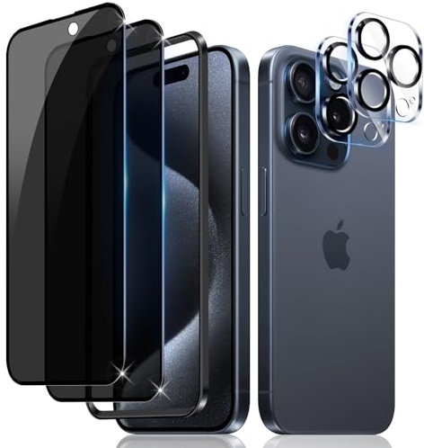 LiiLaa Sichtschutz für iPhone 15 Pro für Panzerglas, [2+2 Stück] Sichtschutzfolie und Kamera Schutzfolie, 9H Härte Anti Spy Glas Privacy Kratzfest Folie