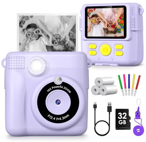 Gofunly Kids Camera Instant Print,1080P Digital Instant Camera for Kids, 32GB Card, 3 Rolls Print Paper, Birthday Gifts Childrens Selfie Toys for Boys Girls Age 3-12,Purple