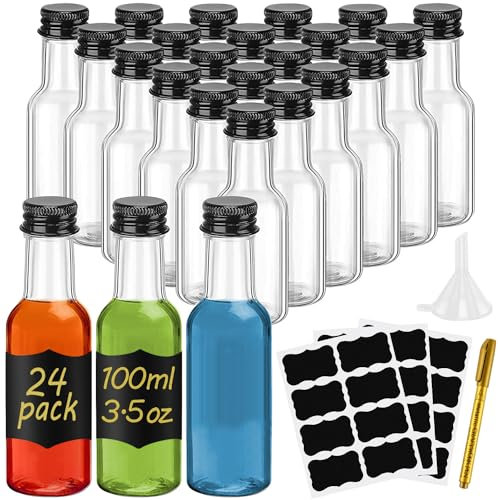 WenYa Confezione da 24 mini bottiglie di liquore, 100 ml, vuote, in plastica, con coperchi (tappi a vite neri a prova di perdite), riutilizzabili, in miniatura, con etichette, imbuto, per matrimoni e