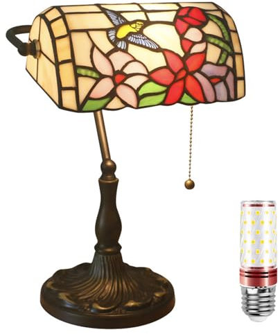 Uziqueif Retro Tiffany Style Tischlampe/Bankerlampe - E27 Schreibtischlampe mit Zugkettenschalter und 1 Leuchtmittel, Legierungsbasis - für Büro,Hause,Wohnzimmer,Schlafzimmer,Esszimmer,Hummingbird