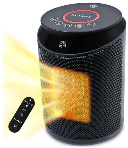 KLAMER Heizlüfter 2000 W, PTC Keramik Heizlüfter energiesparend, 3 Heizstufen inkl. Eco-Modus, 9 Std. Timer, Thermostat, Überhitzungs- & Kippschutz mit Fernbedienung für Innenraum