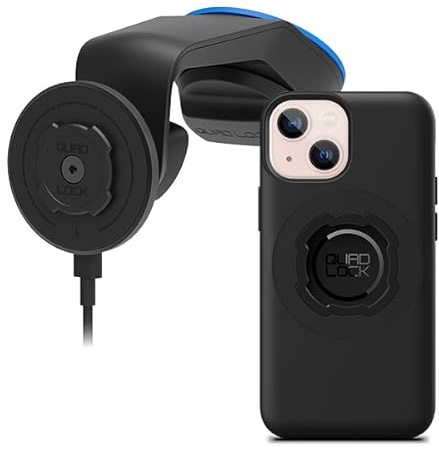 QUAD LOCK Windschutzscheiben-/Armaturenbrett-Handyhalterung für Auto mit MAG-Kabelloser Ladekopf V2 und MAG-Hülle für iPhone 13 Mini