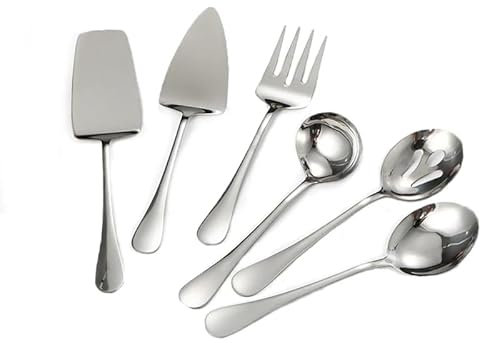 Set di 6 posate da portata in acciaio inox, forchetta, cucchiaio e pala, portatili, per bistecche, utensili da cucina (argento)