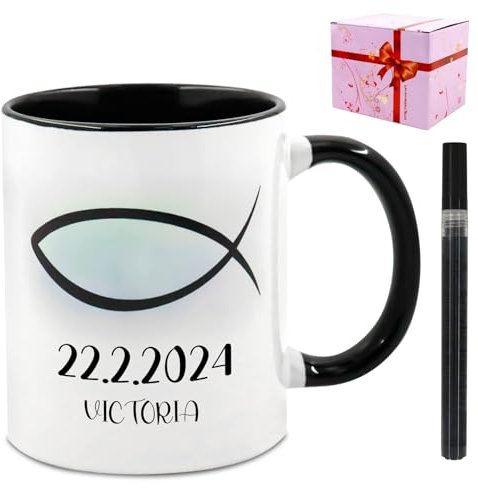 Taza de comunión, taza de confirmación personalizada, con bolígrafo de cerámica, regalo de comunión para niños y niñas (pez azul)