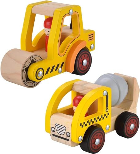 WOODENFUN Hölzernes Kinder Baustellenfahrzeuge, 2 Stück Zementlaster Straßenwalze Baby-Fahrzeug-Spielzeug Handschiebeauto-Spielzeug für 1 2 Jahre alte Jungen Mädchen (Yellow)