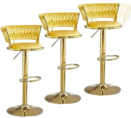 ZERAPH Goldene Barhocker, 3er-Set, 360° drehbar, hoher Hocker, mit Samt gepolstert, Thekenhocker für die Küchentheke, 25,6'' ~ 31,5'' H, Gelb