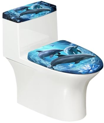 ZUXONGSY Dolphin Toilet Cover Light Blue Bathroom Decor Floral Toilet Tank Covers Universal for Home Decoration Toilet Dust Cover 2Pcs Keep Clean Tidy Fits Most Toilet Tanks & Lids Machine Washable