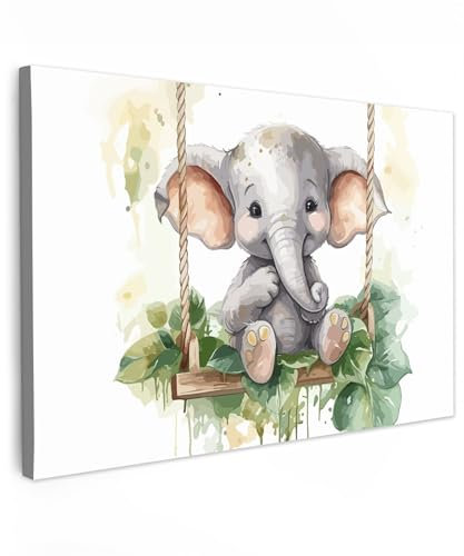 MuchoWow© Leinwand Groß 120x80 cm XXL Deko Schlafzimmer Aesthetic Leinwandbilder Wohnzimmer Gemälde Foto Geschenk Living Room Decoration Elefant - Tier - Kinder - Dschungel - Kinderzimmer - Babyzimmer
