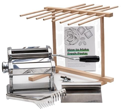 Cotswold Homeware Stainless Steel Pasta Maker with Adjustable Thickness Settings | Wood Pasta Drying Rack | Pasta Cutter Scraper and Pasta Serving Tongs