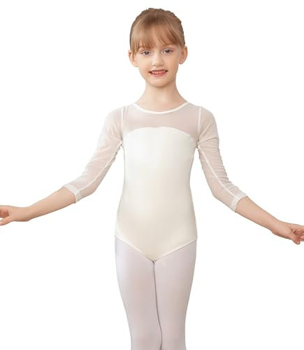 AOQUNFS Mädchen Masche Langarm Ballettkleidung Kinder Gymnastik Turnanzug Tanzen Mädchen Ballett Body, AM3000ZX-Weiß, 9-10Jahre