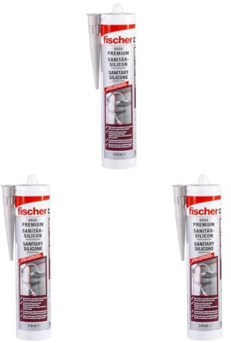 fischer Premium-Sanitärsilikon, Silikon zum Abdichten & Verfugen im Sanitär- und Küchenbereich, Kartusche für zahlreiche Anwendungen und Baustoffe, Langzeitschutz vor Schimmel, 310 ml, weiß
