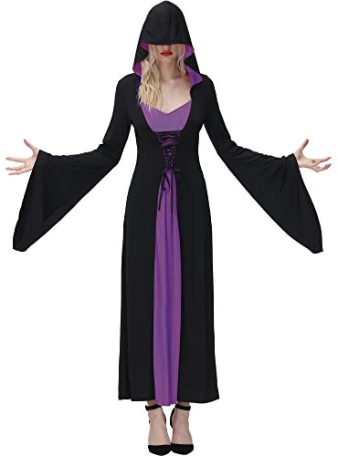 NANAMEEI Robe Médiévale à Capuche pour Femme Halloween Sorcière Cosplay Robe Gothique Sexy Costume de Festival Violet S