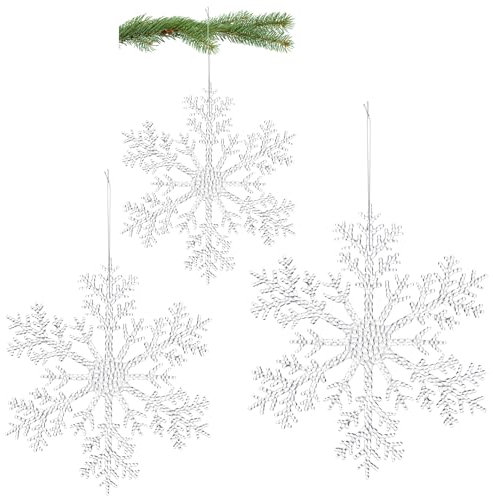 com-four® 3X Große Deko Anhänger Schneeflocken - Transparente Schneeflocken-Anhänger in 30 cm, 25,5 cm und 21 cm mit Aufhängeschnur - Christbaumhänger und Weihnachtsaufhänger