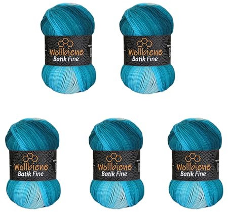 5 x 100g Wollbiene Batik Fine 500 Gramm Wolle mit Farbverlauf mehrfarbig Multicolor Strickwolle Häkelwolle (5200 petrol türkis weiß)