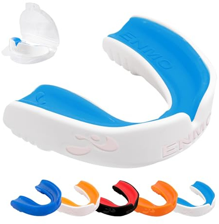 Enmo Maxilla Gel Gum Shield - Adult & Junior 10+ Mouth Guard with Case for Rugby, Boxing, Hockey and Contact Sports - Mouthguard with Boil & Bite, Breathing Channel Tech, Dual Layer - White/Blue