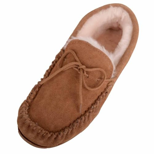 SNUGRUGS Womens Genuine Sheepskin Lined Moccasin Slipper with Hard Sole