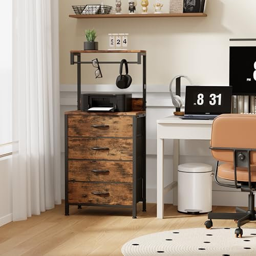 MUTUN Bedside Table with Charging Station, Bedside Cabinet with LED Light, Nightstand with Wood Shelf, 4 Fabric Drawers Side Table for Bedroom, Rustic Brown