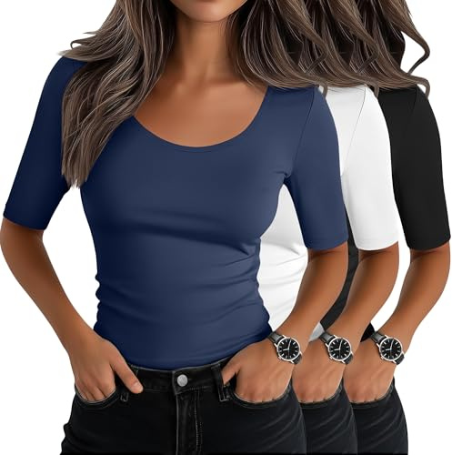 Neer 3 Pack Women's Scoop Neck Half Sleeve Tops | Slim Fit T-Shirts, 1/2 Sleeve Shirts, Tight Casual Tees, Elbow Sleeve, Layer, Cotton Blend, Stretchy, Cover Arms, Daily Wear