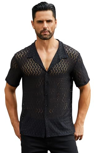 ABEHIK Herren Sexy Rose Netzhemd Kurzarm Durchsichtiges Oberteil Rave Musikfestival Shirt M�nner Kinkywear Swingerclub Outfit schwarz L